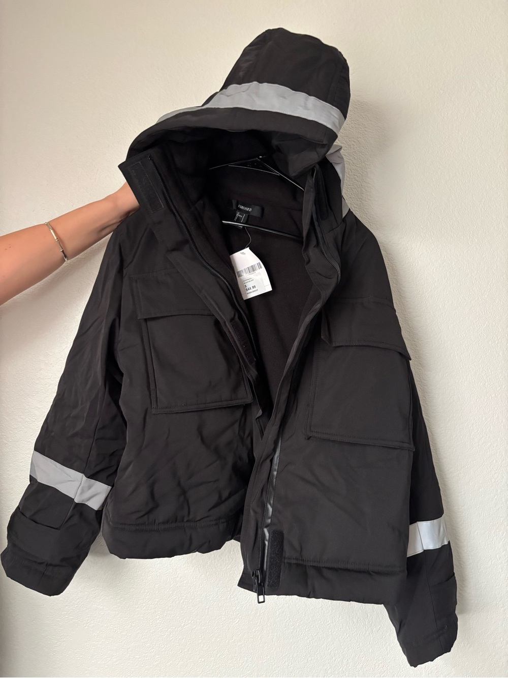 Forever 21 Black Hooded Bomber Jacket with Reflective Stripes